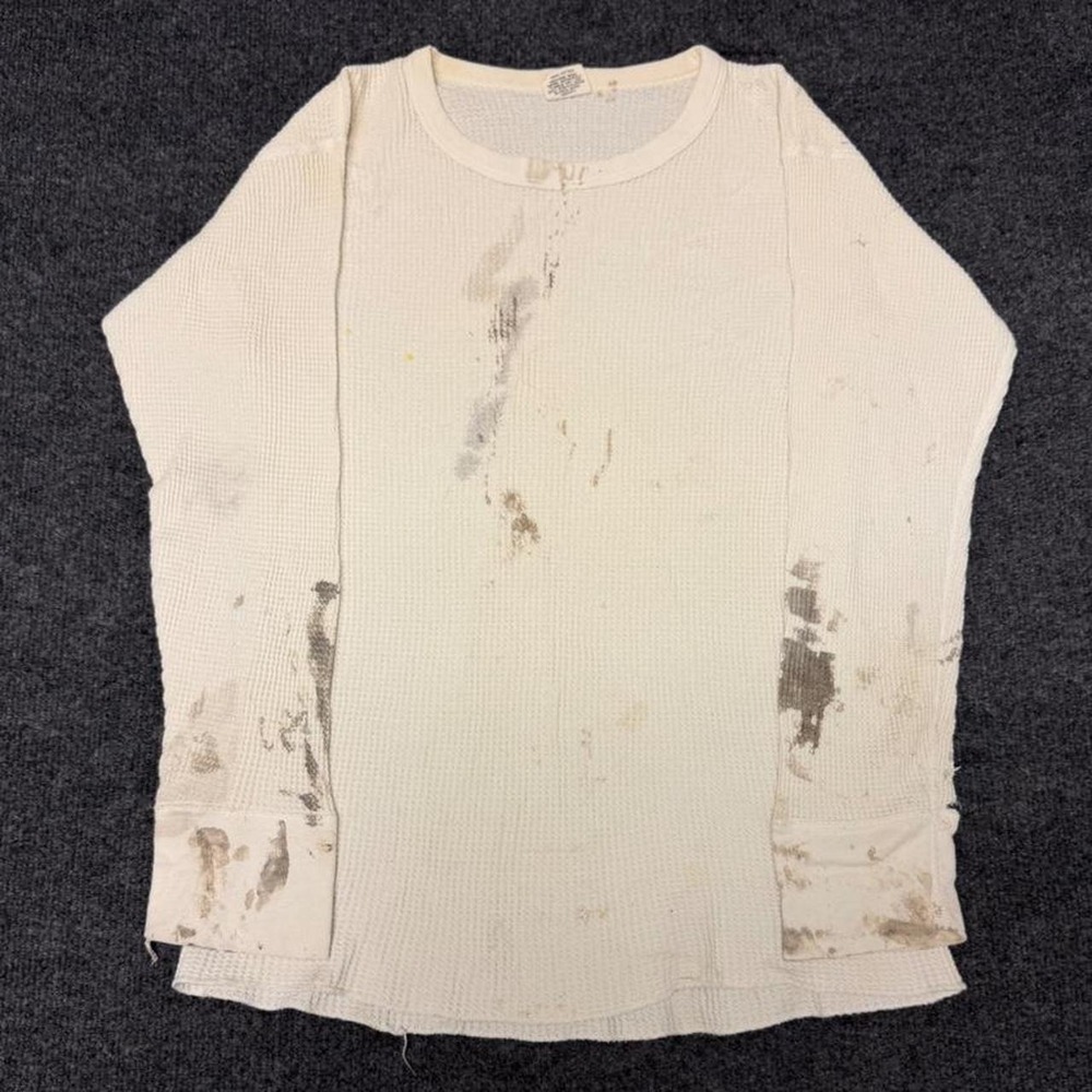 Vintage 80s Northwest Territory Thermal Shirt Cream White Cotton Stained Mens L